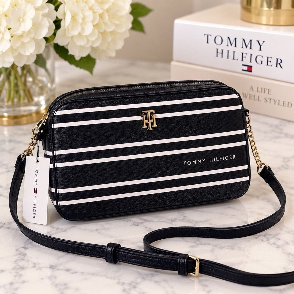 Tommy Hilfiger Black White Striped Crossbody Bag Zipper Logo Gold Hardware
